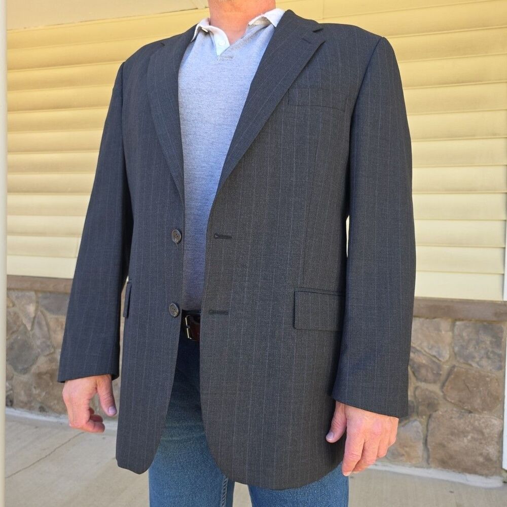 Vintage Chaps Ralph Lauren Wool Suit Jacket Mens 46T Gray with Purple Pinstripe